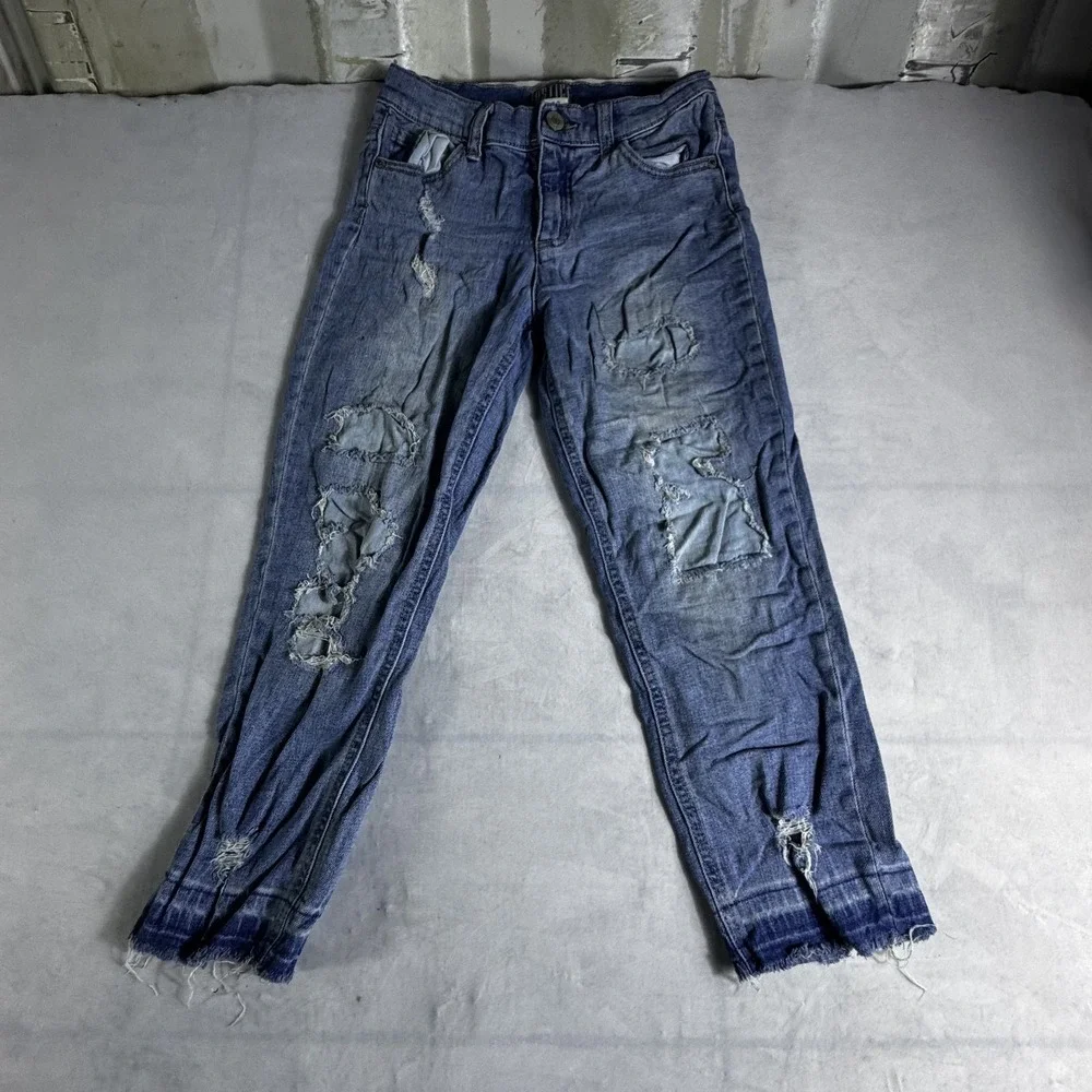 Justice Straight Jeans Girls 12 Blue Denim Stretch Frayed Hem Distressed Grunge